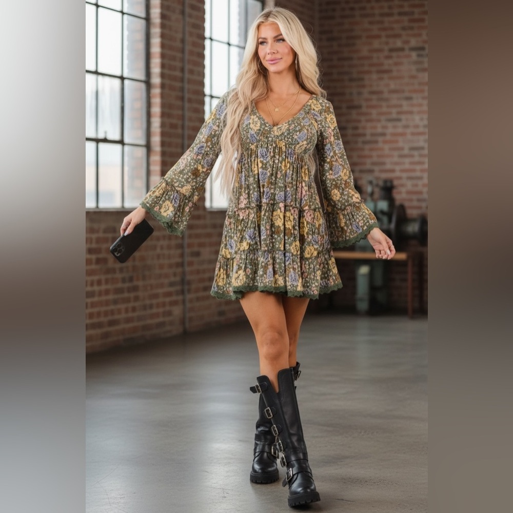 NWT Angie Clothing Boho Bell Sleeve Smocked Mini Dress - Picture 2 of 14